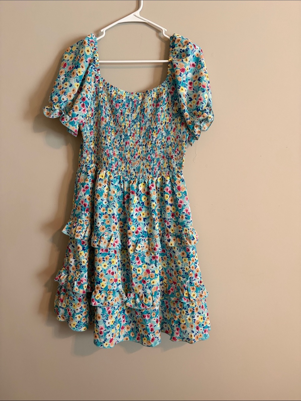 Smocked Puff Sleeve Blue Floral Dress